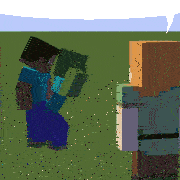two minecraft characters are standing in a field