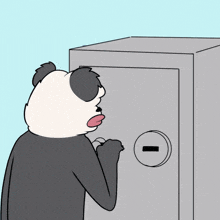 a panda bear is opening a safe with a keyhole