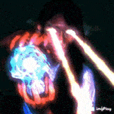 a painting of a person holding a glowing object in their hands with the words imgplay on the bottom right