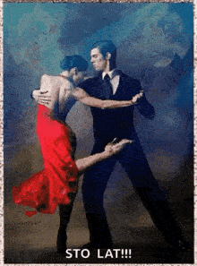 a painting of a man and a woman dancing with the caption sto lat