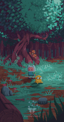 a pixel art illustration of finn and jake in a forest