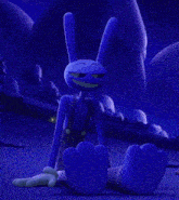a blue cartoon rabbit is laying on the ground with his eyes closed