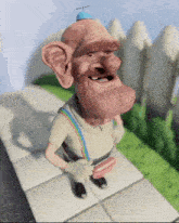 a cartoon character is standing on a sidewalk holding a sausage in his hand