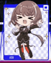 a little girl in a suit is dancing on a checkered background in a video game .