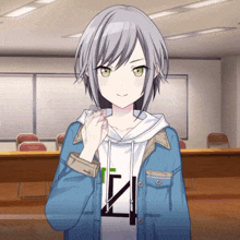 a girl with gray hair and green eyes is wearing a blue jacket and a white shirt with the letter z on it