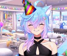 a girl with a cat ear is wearing a birthday hat and smiling in a living room