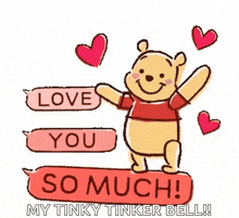 winnie the pooh is holding a sign that says `` love you so much '' surrounded by hearts .