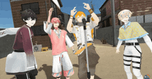 a group of anime characters standing next to each other in front of a microphone