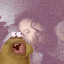 a cartoon character with big eyes and a beard is standing next to a purple background .