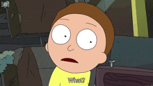 a cartoon character says " what " in a yellow shirt