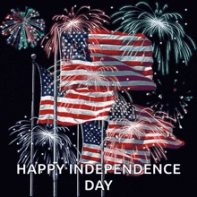 a group of american flags flying in the wind with fireworks in the background .
