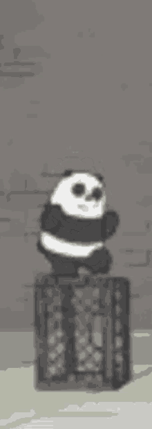 a panda bear is sitting on top of a crate in a room .