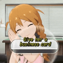 a girl in a pink dress is smiling and asking for a business card