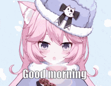 a girl with pink hair is wearing a hat and holding a cup of coffee .