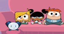 a group of cartoon characters are sitting on a pink couch and one of them has the letter g on his shirt
