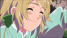 a drawing of a girl with blonde hair and a green collar