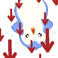 a cartoon penguin is surrounded by red arrows pointing downward