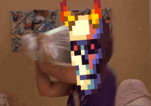 a pixelated image of a person holding a plastic bag in front of their face