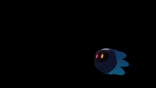 a cartoon drawing of a blue object with a red eye on a black background