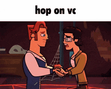 two cartoon characters shaking hands with the words hop on vc below them
