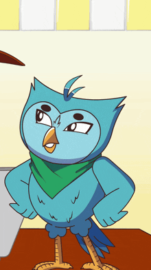 a cartoon owl wearing a green scarf around its neck