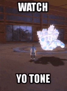 a man is standing in front of a building with the words " watch yo tone " on the bottom