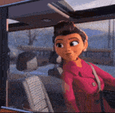a cartoon woman in a pink coat is looking out the window of a car