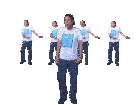 a man in a white shirt with a blue square on the front is dancing