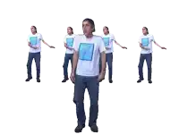 a man in a white shirt with a blue square on the front is dancing