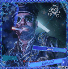 a picture of a man with a beard smoking a cigarette and the name goyle lightnin