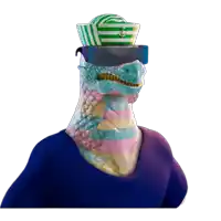 a colorful cartoon character wearing a green and white striped hat