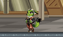 a pixel art drawing of a cartoon character with a green tail