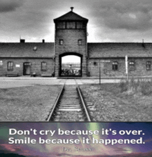 a black and white photo of a building with a quote from dr seuss