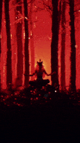 a woman is sitting in a lotus position in a dark forest