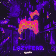 a purple poster with a video game controller and the word lazyfear on it