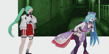 two anime girls are standing in a dark hallway