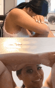 a woman sitting on a couch with her hands on her face