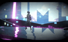 a video game character is dancing in front of a large m on the screen