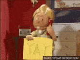 bob the builder is talking on a phone while holding a yellow sign that says yay .