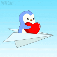 a penguin on a paper airplane holding a heart