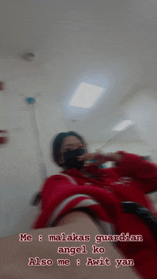 a blurry picture of a woman wearing a mask with the words me malakas guardian angel ko also me awit yan