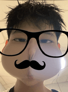 a young man with glasses and a fake mustache on his face
