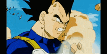 a close up of a cartoon character with a blue shirt on