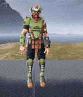 a video game character wearing a green armor and a helmet with horns
