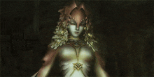 a woman with a necklace around her neck is standing in the dark