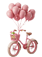 a pink bicycle with a basket full of pink balloons