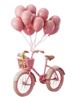 a pink bicycle with a basket full of pink balloons