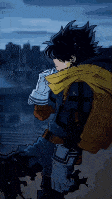 a cartoon character with a yellow scarf around his neck is standing in the rain
