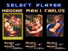 a video game screen that says select player hagggar maki carlos on it