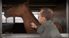 a man is petting a horse in a trailer that says ten on the bottom